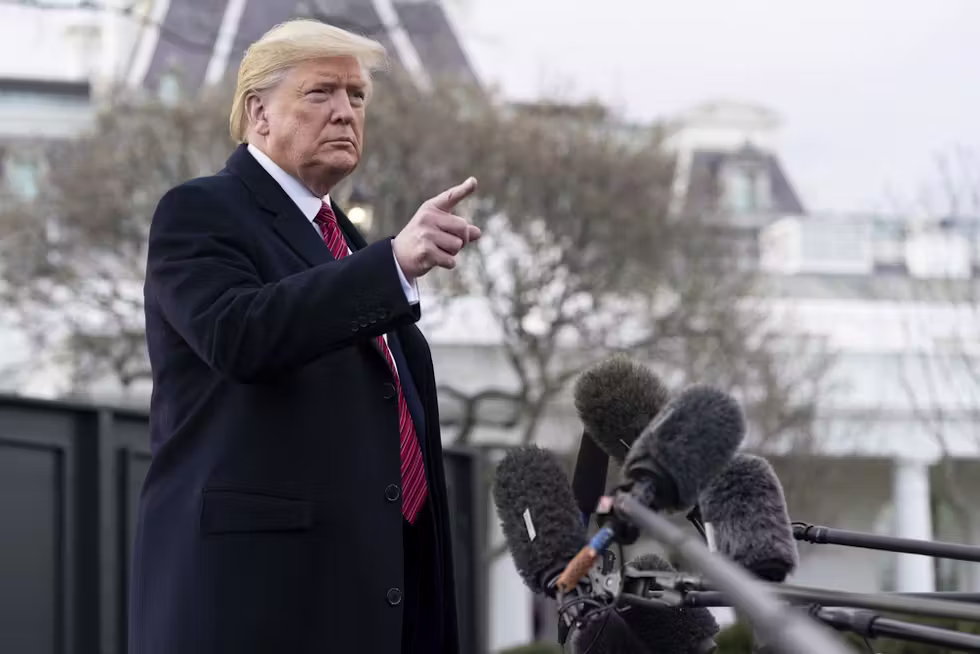 President Donald Trump speaks with members of the press on Feb. 28, 2020, in Washington, D.C.